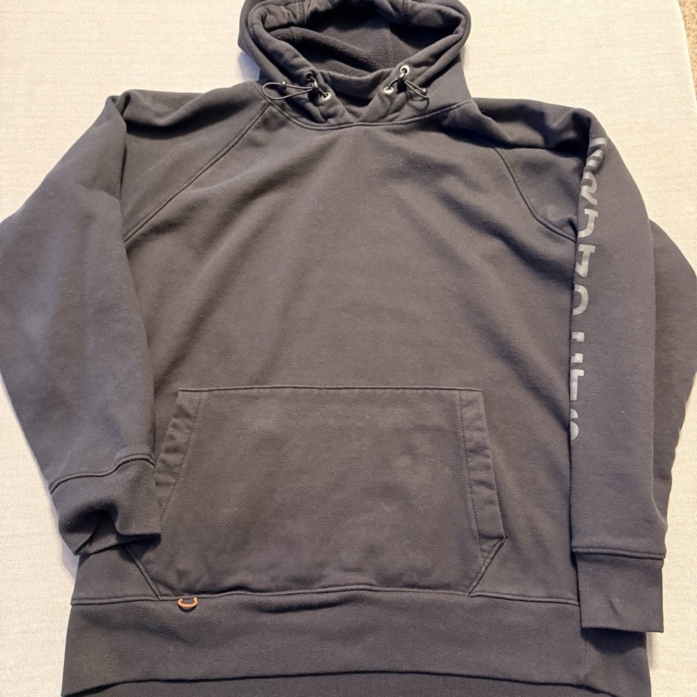 Grundens Mens Large Black Fleece Hoodie Pullover Fishing Workwear Logo Sleeve
